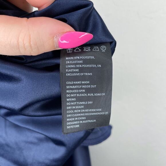 Bardot Athena Frill Off the Shoulder Navy Blue Satin Ruffle Mini Dress 10 Large - Picture 16 of 16